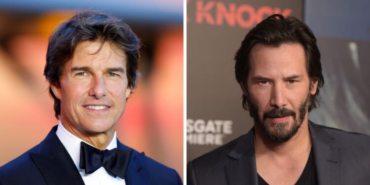 (L) Tom Cruise attends the UK premiere and Royal Film Performance of 'Top Gun: Maverick' in Leicester Square on May 19, 2022 in London, England. (R) Keanu Reeves attends the premiere of "Knock Knock" at TCL Chinese Theatre on October 7, 2015 in Hollywood, California.