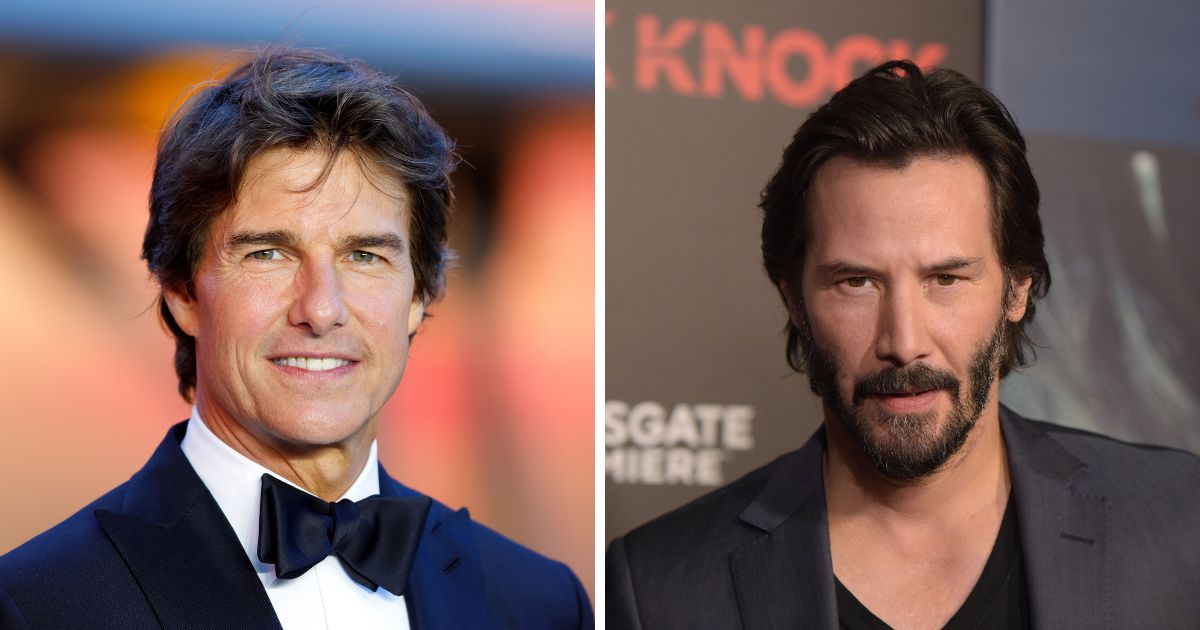 (L) Tom Cruise attends the UK premiere and Royal Film Performance of 'Top Gun: Maverick' in Leicester Square on May 19, 2022 in London, England. (R) Keanu Reeves attends the premiere of "Knock Knock" at TCL Chinese Theatre on October 7, 2015 in Hollywood, California.