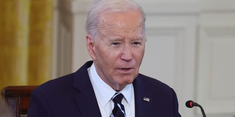 President Joe Biden speaks during a meeting with Polish President Andrzej Duda and Prime Minister Donald Tusk in the East Room of the White House in Washington, D.C., on Tuesday.