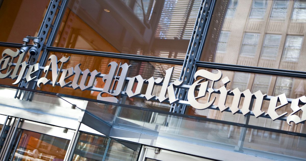 The New York Times logo is seen on the headquarters building in New York City on April 21, 2011.