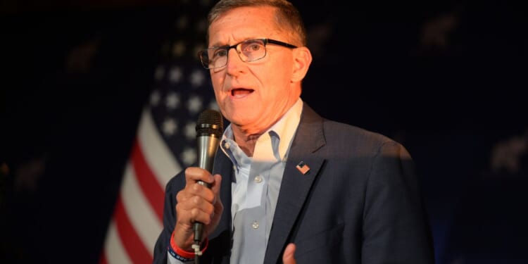 Michael Flynn speaks at an event on April 21, 2022, in Brunswick, Ohio.