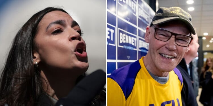 Rep. Alexandria Ocasio-Cortez speaks during a news conference outside the U.S. Capitol on Thursday in Washington, D.C. James Carville smiles during an event on Feb. 8, 2020, in Manchester, New Hampshire.