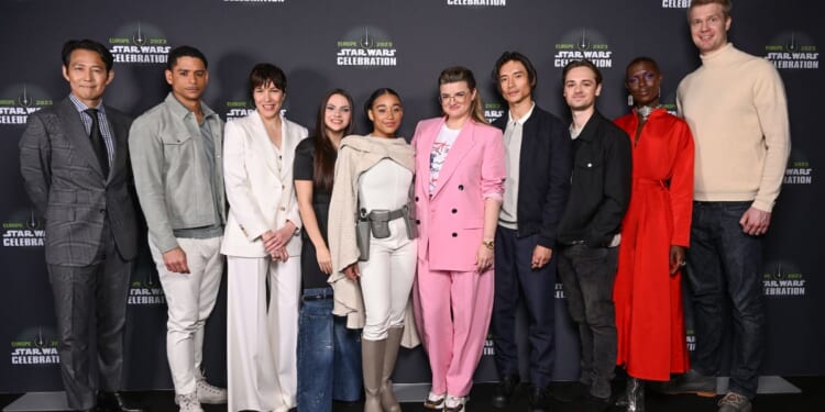 The cast of "The Acolyte," from left: Lee Jung-Jae, Charlie Barnett, Rebecca Henderson, Dafne Keen, Amandla Stenberg, Leslye Headland, Manny Jacinto, Dean-Charles Chapman, Jodie Turner-Smith and Joonas Suotamo attend the studio panel at Star Wars Celebration 2023 in London at ExCel on April 7, 2023 in London, England.