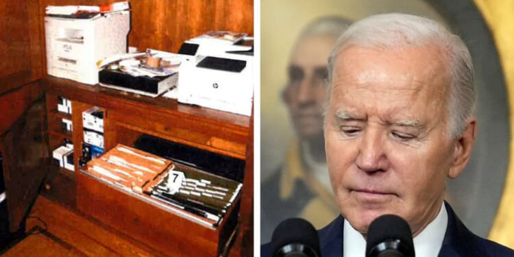 This image, contained in the report from special counsel Robert Hur, shows notebooks in a file cabinet under a printer that were seized in first-floor home office of President Joe Biden in Wilmington, Delaware,on Jan. 20, 2023, during a search by FBI agents. At right is President Joe Biden.