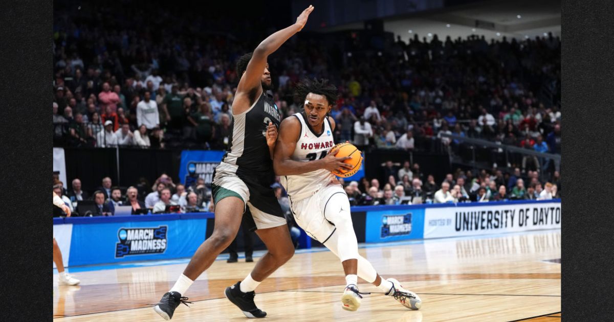 Bryce Harris #34 of the Howard Bison drives against Keyontae Lewis #32 of the Wagner Seahawks during the second half in the First Four game during the NCAA Men's Basketball Tournament at University of Dayton Arena on Tuesday in Dayton, Ohio.