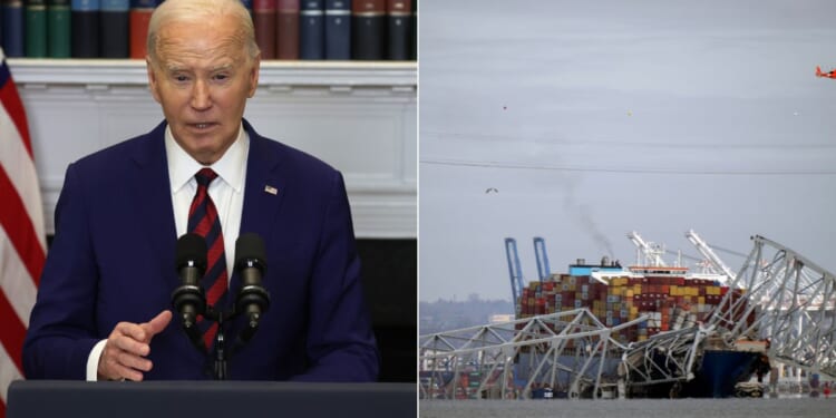 President Joe Biden, left, delivers remarks from the White House in Washington, D.C., on the collapse of the Francis Scott Key Bridge, right, in Baltimore, Maryland, on Tuesday.