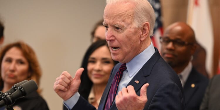 Then-Democratic presidential hopeful Joe Biden is pictured in a March 2020 file photo at a campaign stop in Los Angeles.