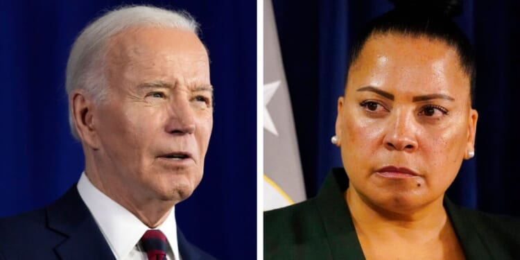 President Joe Biden, left, and former U.S. Attorney Rachael Rollins, for the Massachusetts District.