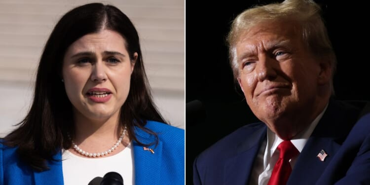 At left, Colorado Secretary of State Jena Griswold speaks to reporters outside the U.S. Supreme Court in Washington on Feb. 8. At right, Republican presidential candidate and former President Donald Trump speaks during a campaign event at Greensboro Coliseum in Greensboro, North Carolina, on Saturday.