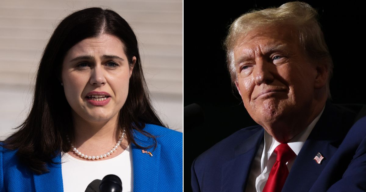 At left, Colorado Secretary of State Jena Griswold speaks to reporters outside the U.S. Supreme Court in Washington on Feb. 8. At right, Republican presidential candidate and former President Donald Trump speaks during a campaign event at Greensboro Coliseum in Greensboro, North Carolina, on Saturday.