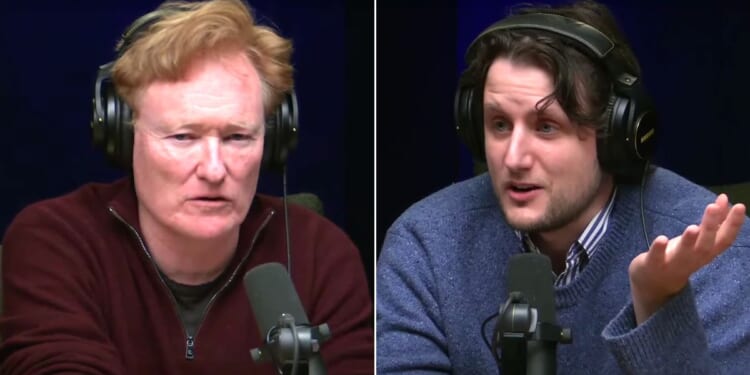 Comedian Conan O'Brien, left, and Zach Woods talked about skewering "lot of the stuff that I think need skewering" on O'Brien's podcast.