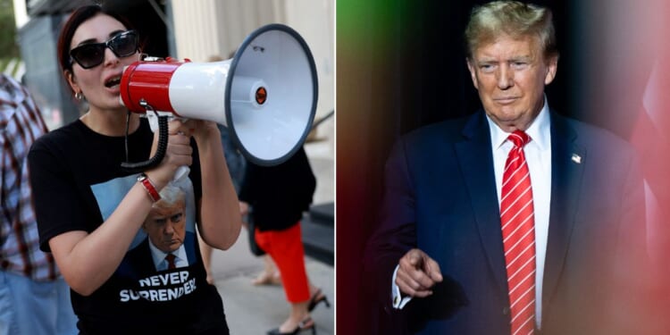 MAGA activist Laura Loomer, left, might heed a call by former President Donald Trump, right, to take on a conservative Republican congresswoman in Florida.