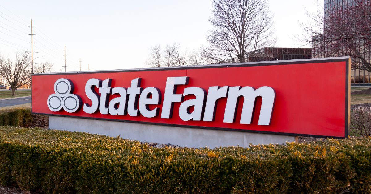 A State Farm sign is seen at the insurance giant's headquarters in Bloomington, Illinois, on March 26, 2022.