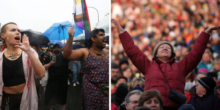 Activists and advocates participate in a 2023 Transgender Day of Visibility Rally in Sydney, Australia, left. At right, worshippers attend a sunrise Easter service at Red Rocks Amphitheatre in Morrison, Colorado, in a 2010 file photo.