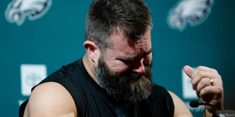 Philadelphia Eagles' Jason Kelce reacts during an NFL football news conference announcing his retirement in Philadelphia, Pennsylvania, on Monday.