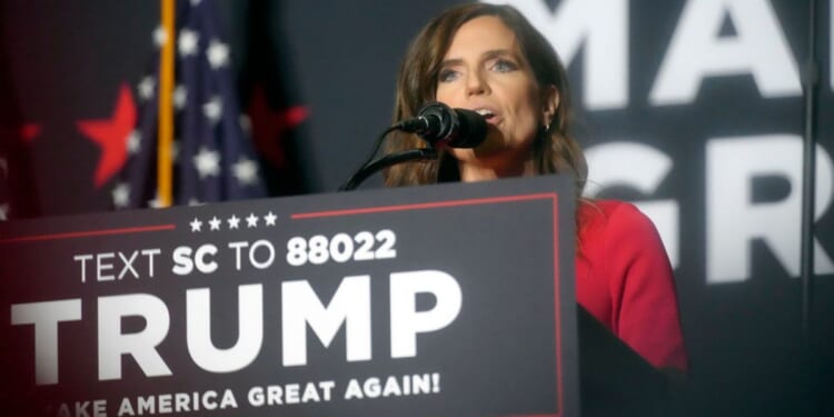 Rep. Nancy Mace, R-S.C., speaks at a campaign rally for former President Donald Trump, Feb. 14, in North Charleston, South Carolina.