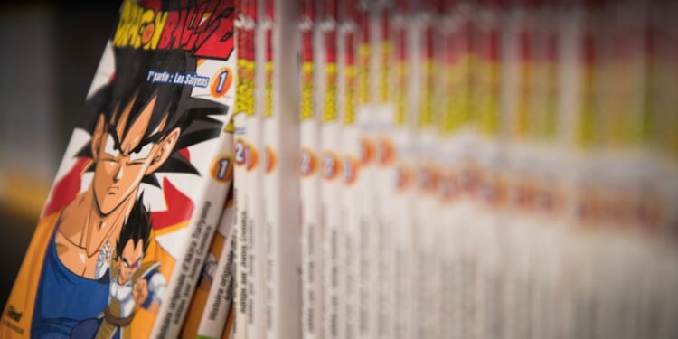 Books of the "Dragon ball Z" manga collection are displayed at the Paris Book Fair 2019 (salon du livre) at the Parc des Expositions in Paris on March 18, 2019 in Paris.