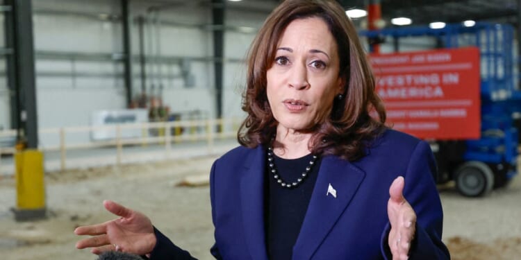 Vice President Kamala Harris, seen at an event Wednesday in Madison, Wisconsin, was evasive when asked whether she or President Joe Biden will accept former President Donald Trump's debate challenge.