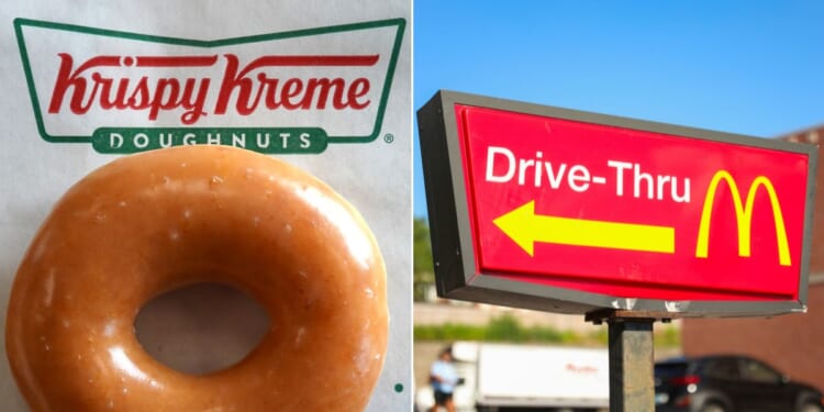 At left, a Krispy Kreme glazed doughnut is displayed in Daly City, California, on May 12, 2022. At right, a McDonald's drive-thru sign is seen in Providence, Rhode Island, on July 25.