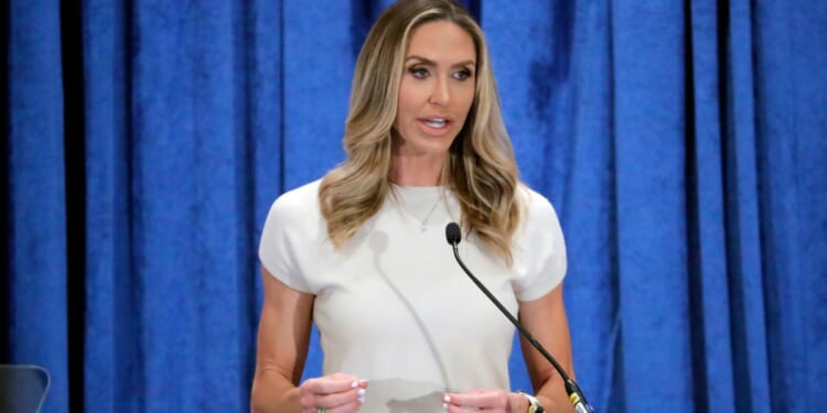 Lara Trump, the newly-elected co-chair of the Republican National Committee, gives an address during the general session of the RNC Spring Meeting, Friday, in Houston.