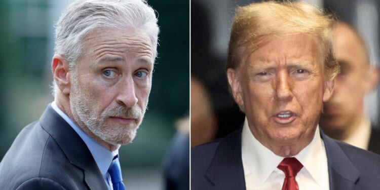 Late-night host Jon Stewart, left, had harsh words about Donald Trump's real estate transactions, but a news report indicates he benefitted from a similar situation with the sale of his own property.