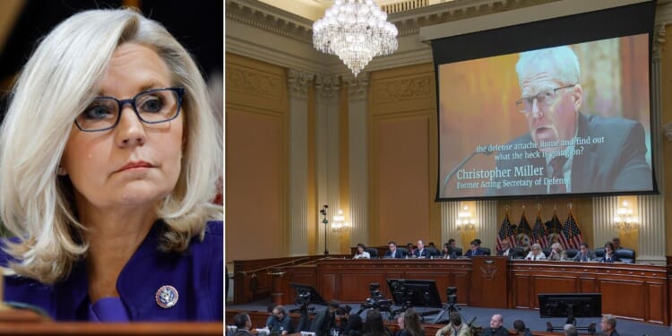 Liz Cheney, then a representative of Wyoming, left, is seen during the House of Representatives' investigation of the events of Jan. 6, 2021. At right, a video of former acting secretary of defense Christopher Miller is shown on a screen during one of the hearings.