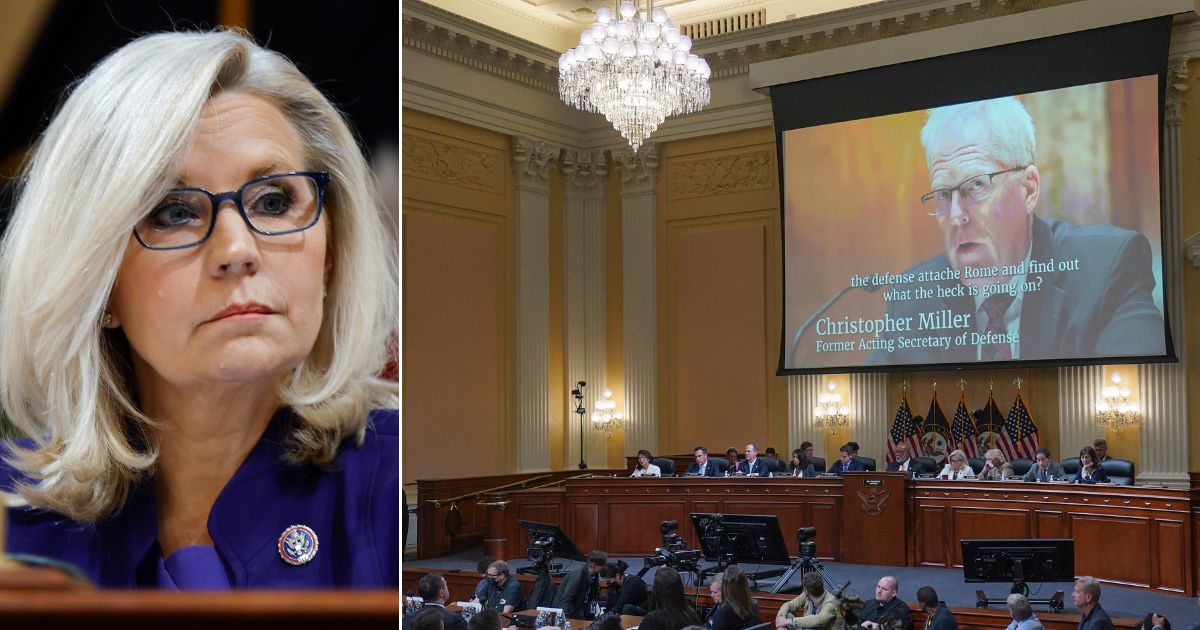 Liz Cheney, then a representative of Wyoming, left, is seen during the House of Representatives' investigation of the events of Jan. 6, 2021. At right, a video of former acting secretary of defense Christopher Miller is shown on a screen during one of the hearings.