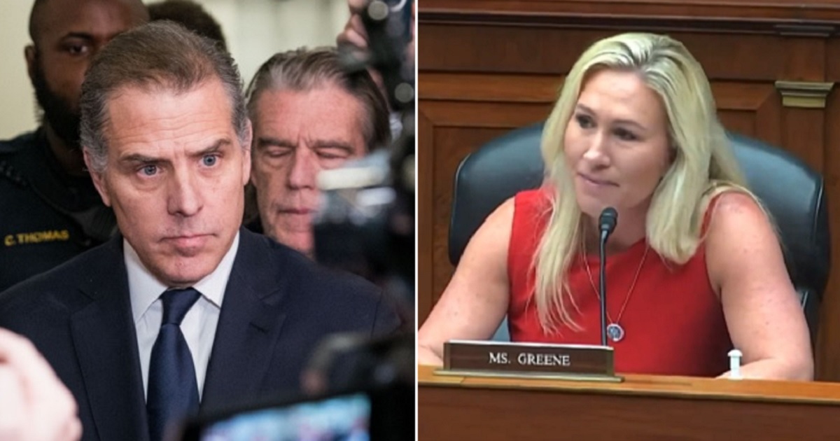 Hunter Biden meets with reporters Jan. 10 after leaving a meeting of the House Oversight Committee on Capitol Hill. Rep. Marjorie Taylor Greene, right, inside the same meeting.