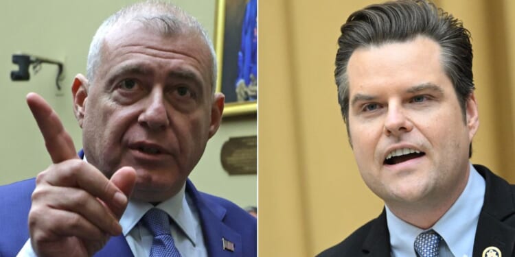 Lev Parnas, left, former associate of Rudy Giuliani, had a heated exchange Wednesday with Florida GOP rep Matt Gaetz, right, seen in a March 12 photo.