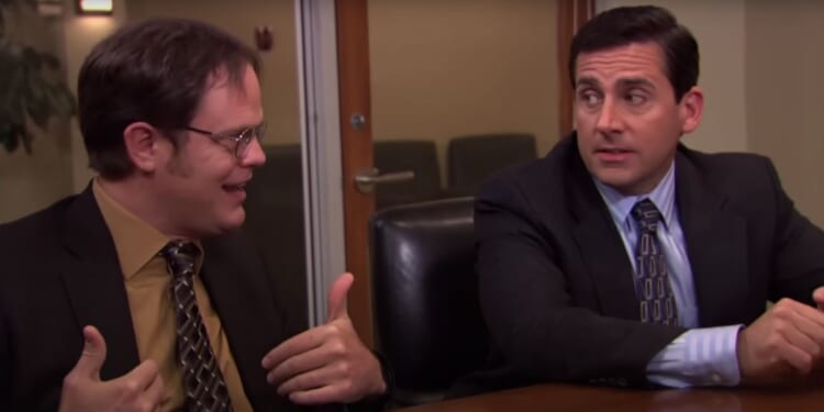 Steve Carell and Rainn Wilson acting in the hit show "The Office."