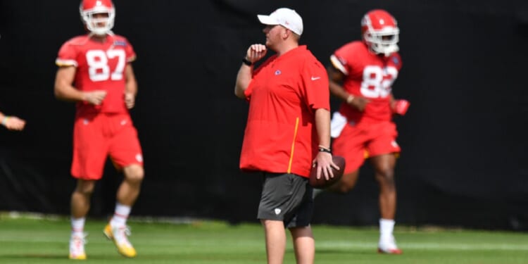 Prior to Super Bowl LIV in January 2020, then-Kansas City Chiefs linebackers coach Britt Reid watches players practicing at Baptist Health Training Facility at Nova Southern University in Davie, Florida.