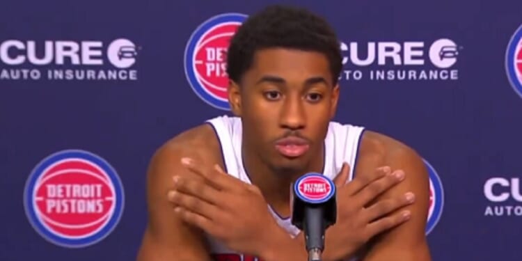 Detroit Pistons guard Jaden Ivey at a post-game news conference on March 7.