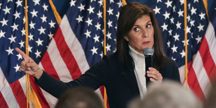 Nikki Haley speaking at a campaign event in Portland, Maine