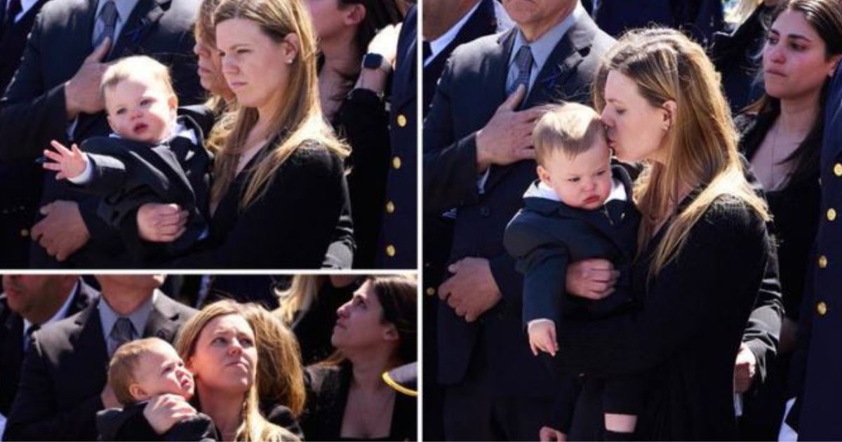 The wife of slain police officer Jonathan Diller, Stephanie, and their son, Ryan, at Jonathan's funeral Saturday.