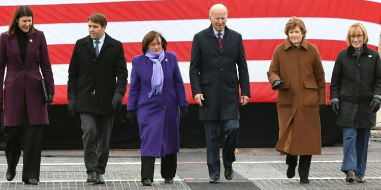 Annie Kuster, Joe Biden and others tour the NH 175 bridge over the Pemigewasset River in Woodstock, New Hampshire