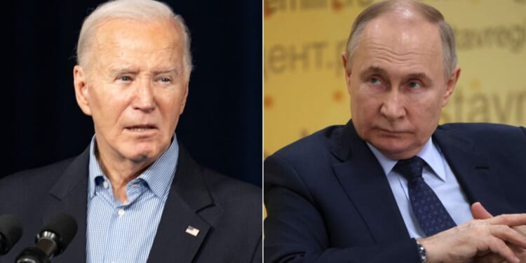 During a Wednesday interview, Russian President Vladimir Putin, right, said the Russia is "ready" for nuclear war and warned President Joe Biden, left, to keep U.S. soldiers out of Ukraine.