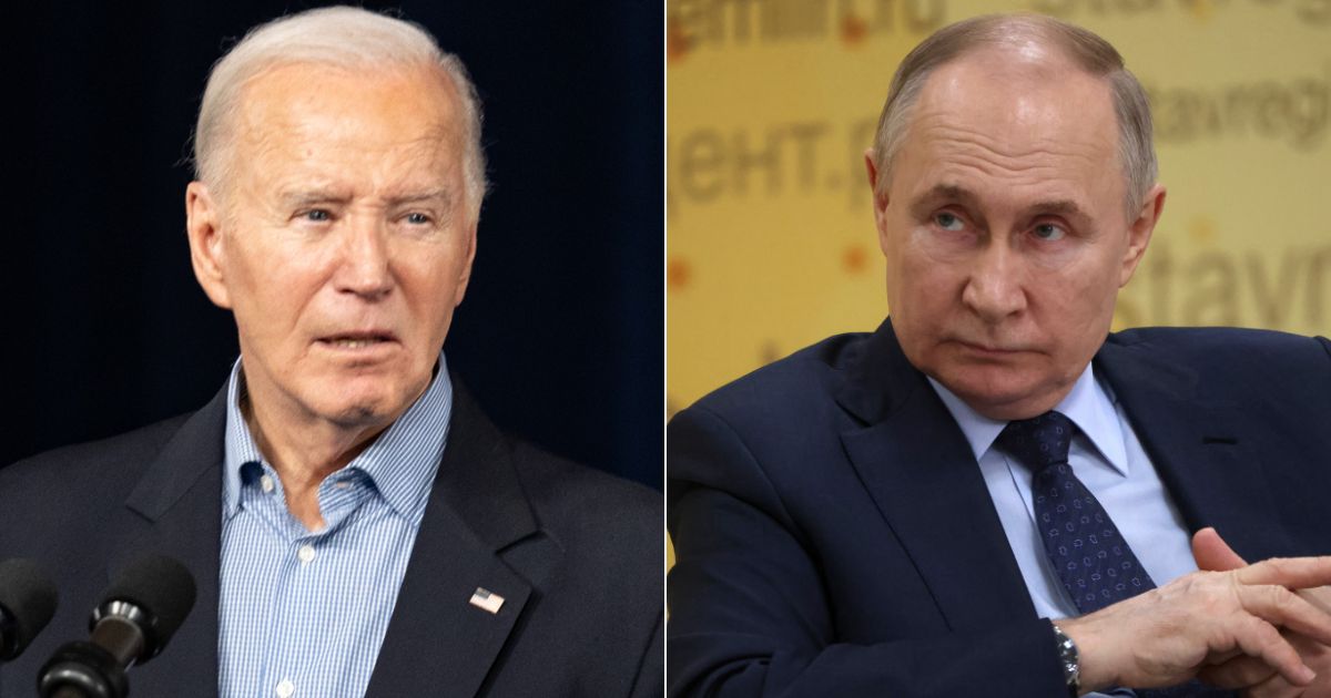 During a Wednesday interview, Russian President Vladimir Putin, right, said the Russia is "ready" for nuclear war and warned President Joe Biden, left, to keep U.S. soldiers out of Ukraine.