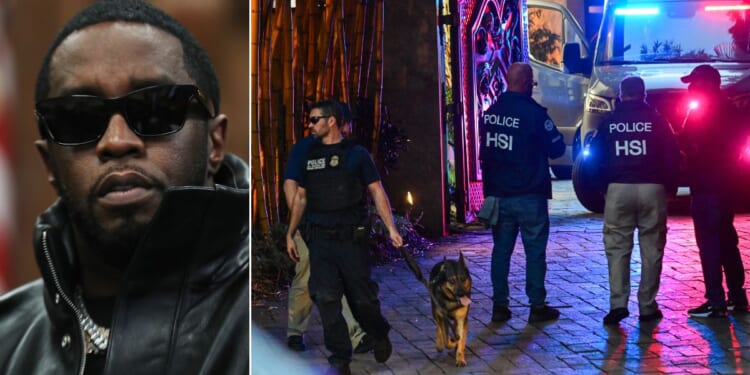 At right, Homeland Security Investigation agents are seen outside the home of musician and producer Sean "Diddy" Combs, left, on Star Island in Miami Beach, Florida, on Monday.