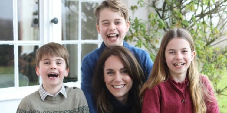 An image of Princess of Wales Kate Middleton with her children, Louis, left, George, top, and Charlotte.