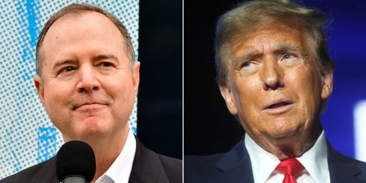 At left, Democratic Rep. Adam Schiff speaks in Los Angeles on May 26. At right, Republican presidential candidate and former President Donald Trump arrives at the National Rifle Association presidential forum at the Great American Outdoor Show in Harrisburg, Pennsylvania, on Feb. 9.