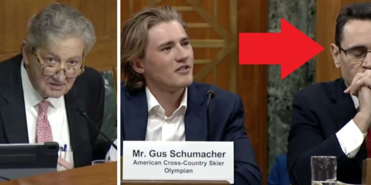 Louisiana Sen. John Kennedy, left, questioned Olympic skier Gus Schumacher on climate change during a Senate Budget Committee hearing on Wednesday.