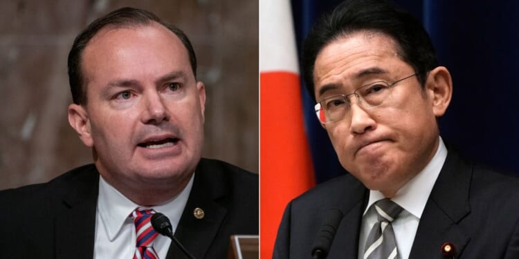 Sen. Mike Lee, left, blasted Japanese Prime Minister Fumio Kishida, right, and the country of Japan in a series of X posts over their treatment of U.S. Navy Lt. Ridge Alkonis after a medical emergency caused a fatal car crash in 2021.