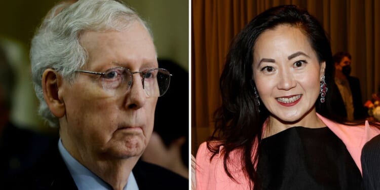 Senate Minority Leader Mitch McConnell listens during a news conference at the U.S. Capitol on March 12 in Washington, D.C. Angela Chao attends an event on March 11, 2022, in Beverly Hills, California.