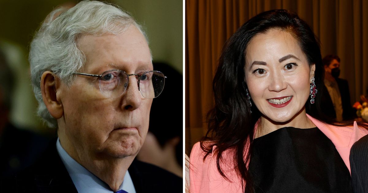 Senate Minority Leader Mitch McConnell listens during a news conference at the U.S. Capitol on March 12 in Washington, D.C. Angela Chao attends an event on March 11, 2022, in Beverly Hills, California.