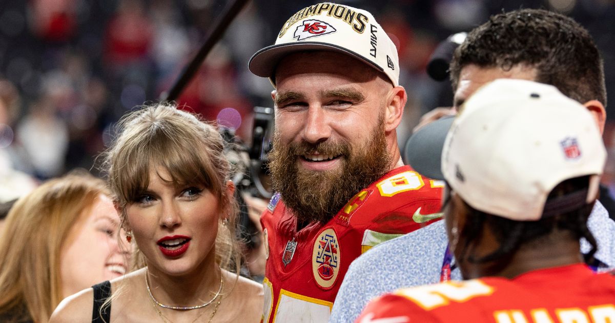 Travis Kelce and Taylor Swift celebrate after the Kansas City Chiefs beat the San Francisco 49ers in the Super Bowl at Allegiant Stadium in Las Vegas on Feb. 11.