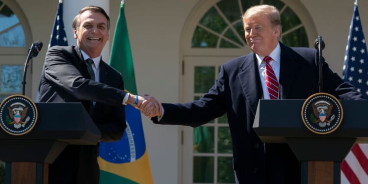 Then-President Donald Trump and Then-Brazilian President Jair Bolsonaro shake hands during a joint news conference in the Rose Garden at the White House in Washington on March 19, 2019.