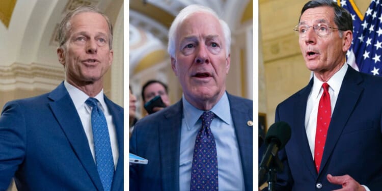 Left to right: Senate Minority Whip John Thune, R-S.D.; Sen. John Cornyn, R-Texas; Sen. John Barrasso, R-Wyo.