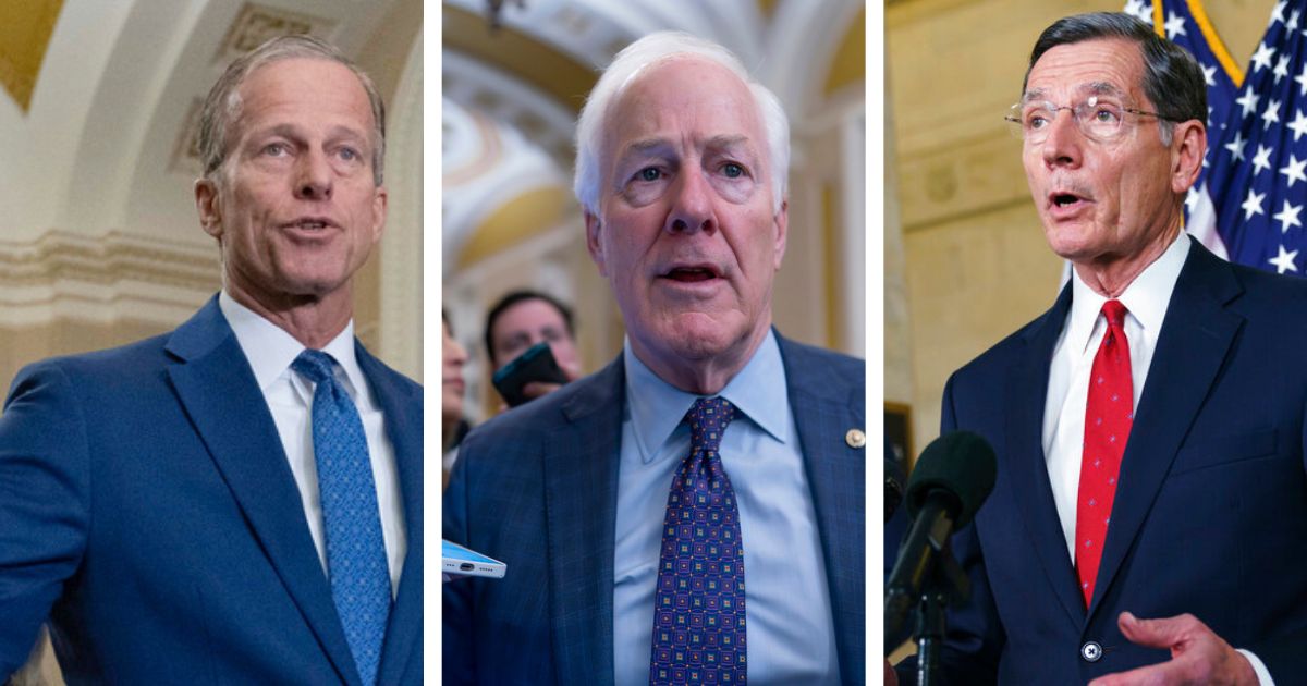 Left to right: Senate Minority Whip John Thune, R-S.D.; Sen. John Cornyn, R-Texas; Sen. John Barrasso, R-Wyo.