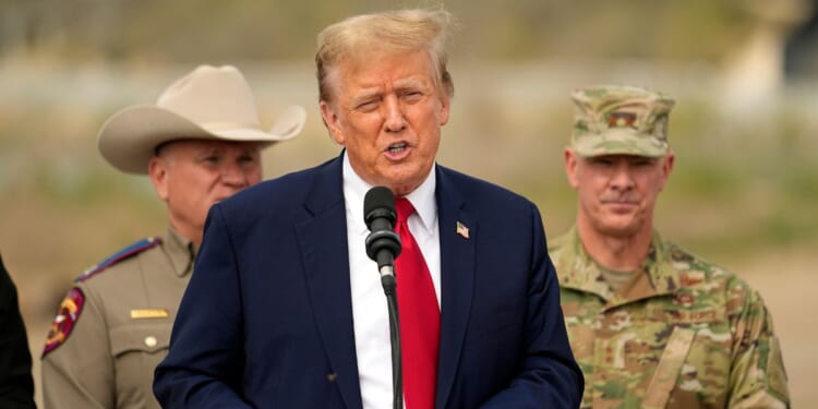 Donald Trump speaking at Shelby Park in Eagle Pass, Texas, during a visit to the U.S.-Mexico border