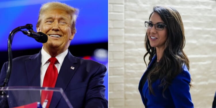 Former President Donald Trump, left; Republican Rep. Lauren Boebert, of Colorado, right.